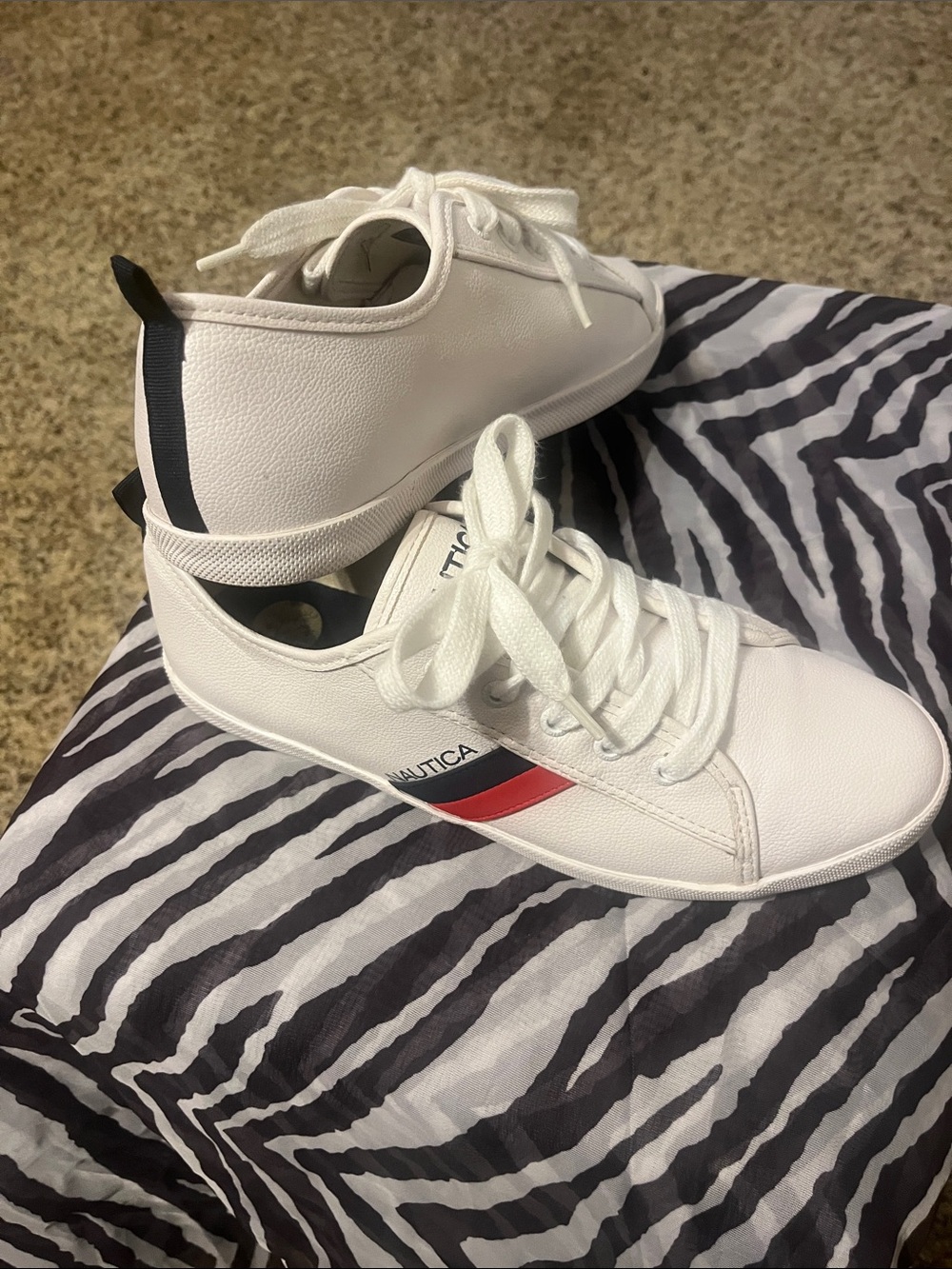 Nautica White  Vegan Leather Lace-Up Sneakers with Red & Navy Accents
